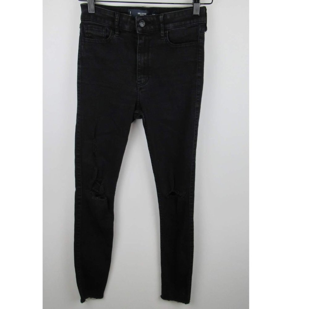 Hollister Black Distressed Raw Hem Stretchy Skinny Crop Jeans sz 1/25